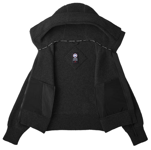 Open black jacket interior with visible pockets and logo.
