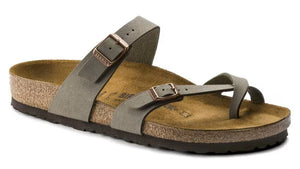 Olive green slip-on sandal with two adjustable straps, a toe loop, and a cork footbed.