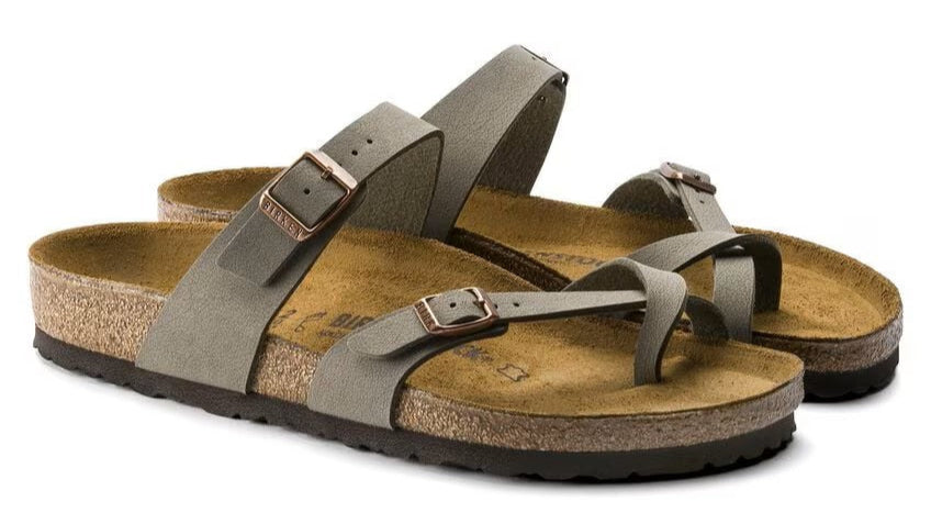 Pair of gray sandals with adjustable straps and buckle closures.
