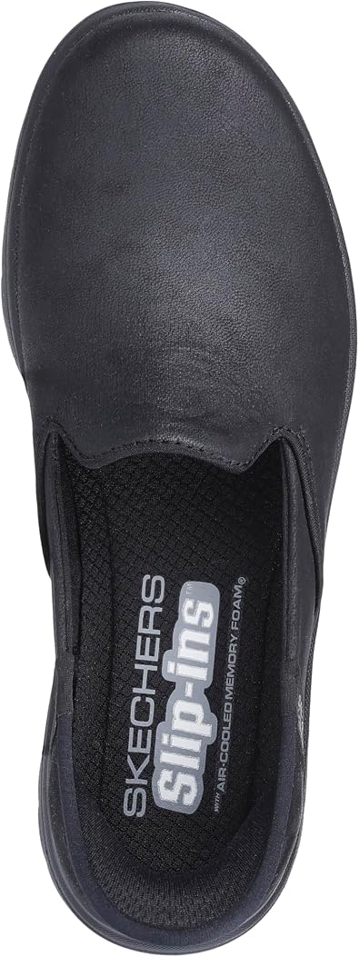 A top-down view of a black, slip-on Skechers Slip-ins shoe with visible Air-Cooled Memory Foam branding on the interior sole.