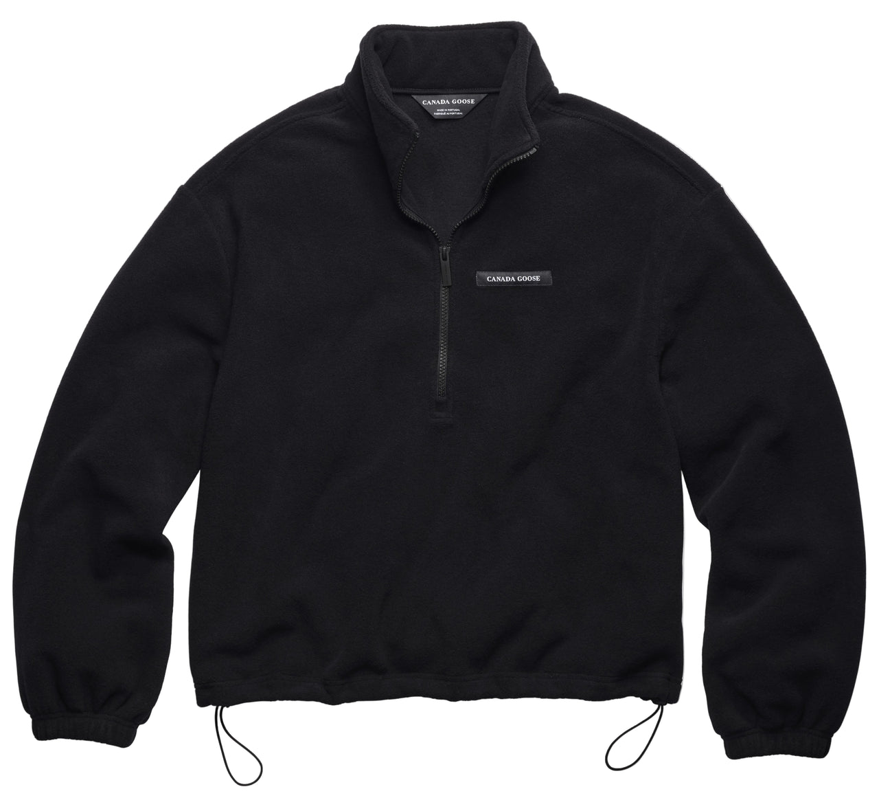 A black fleece quarter-zip pullover with a mock neck, long sleeves with elastic cuffs, and a drawstring toggle at the hem.