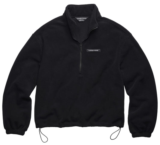 A black fleece quarter-zip pullover with a mock neck, long sleeves with elastic cuffs, and a drawstring toggle at the hem.