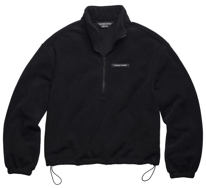 A black fleece quarter-zip pullover with a mock neck, long sleeves with elastic cuffs, and a drawstring toggle at the hem.