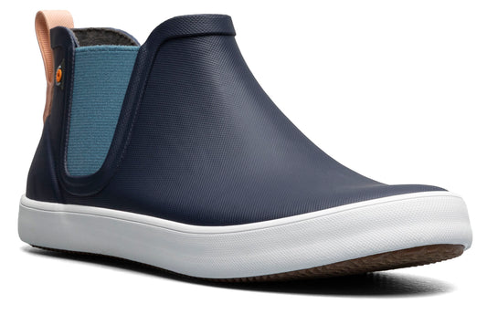 Navy blue slip-on shoe with white sole, elastic light-blue side detail, and peach pull tab.