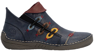 Navy blue ankle boot with brown trim and multi-colored decorative stitching, featuring a lace-up closure and rubber sole.