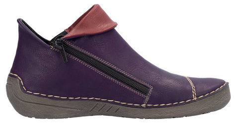 Purple leather ankle boot with side zipper and maroon fold-down collar.