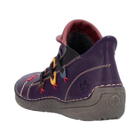 A purple ankle boot with colorful accents and black laces, showing the back of the shoe with a grey sole.
