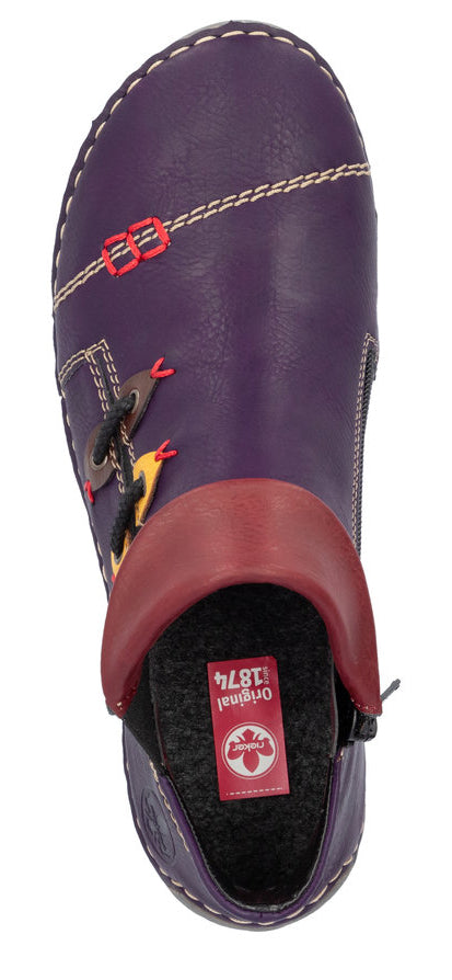 Purple leather shoe with red accents and decorative stitching.