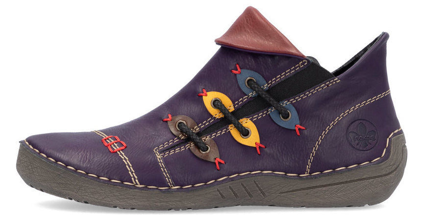 Purple ankle boot with decorative colored accents and black laces.