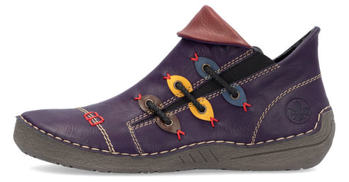 Purple ankle boot with decorative colored accents and black laces.