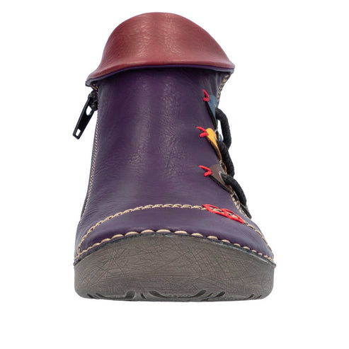 Purple ankle boot with a red roll-down top, side zipper, decorative stitching, and colorful appliqués.