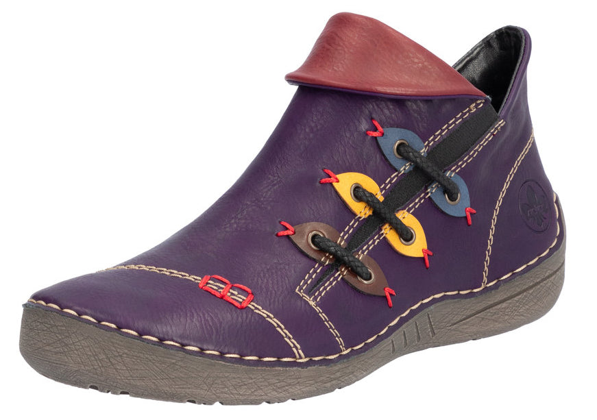 Purple ankle boot with colorful decorative lacing and a burgundy collar.