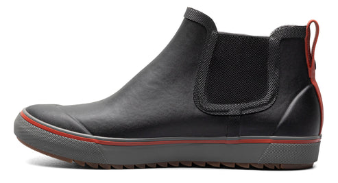 Black Chelsea-style rain boot with red trim and elastic side panels.