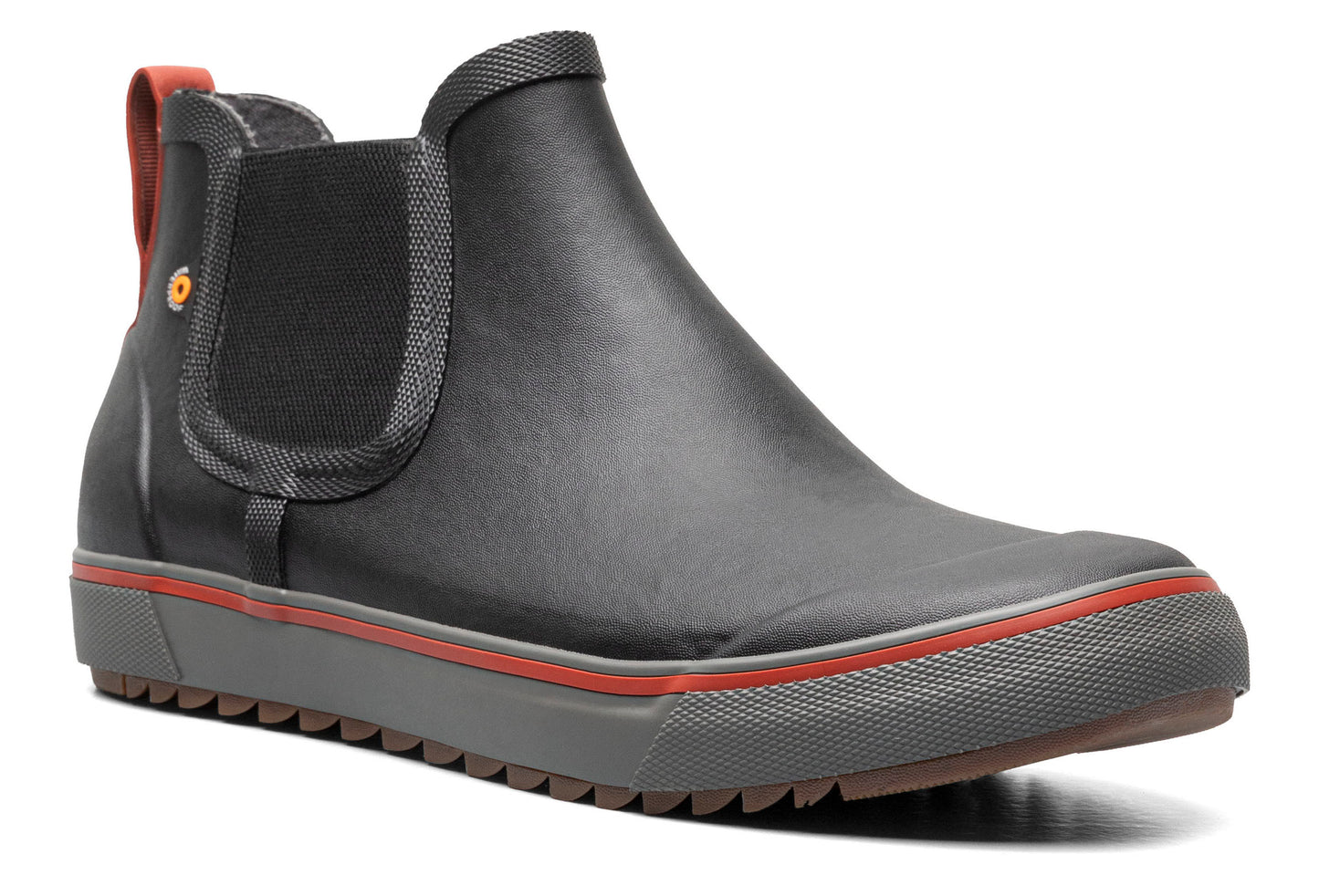 Gray, waterproof Chelsea style boot with orange accent on heel pull tab.
