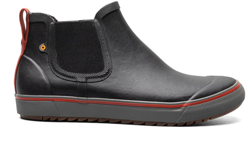 Black ankle boot with red accent and elastic side panel.