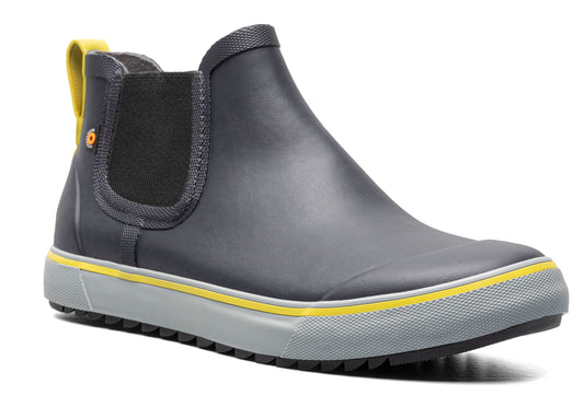 Gray Chelsea boot with a yellow band above the sole and a gray sole.