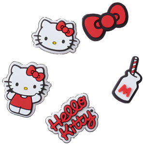 Set of five Hello Kitty themed shoe charms with Hello Kitty face, full body Hello Kitty, red bow, Hello Kitty logo and milk carton with the letter M.