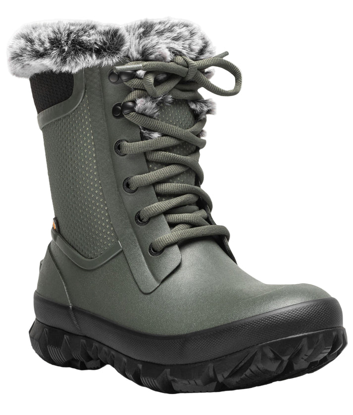 Olive green lace-up winter boot with faux fur trim
