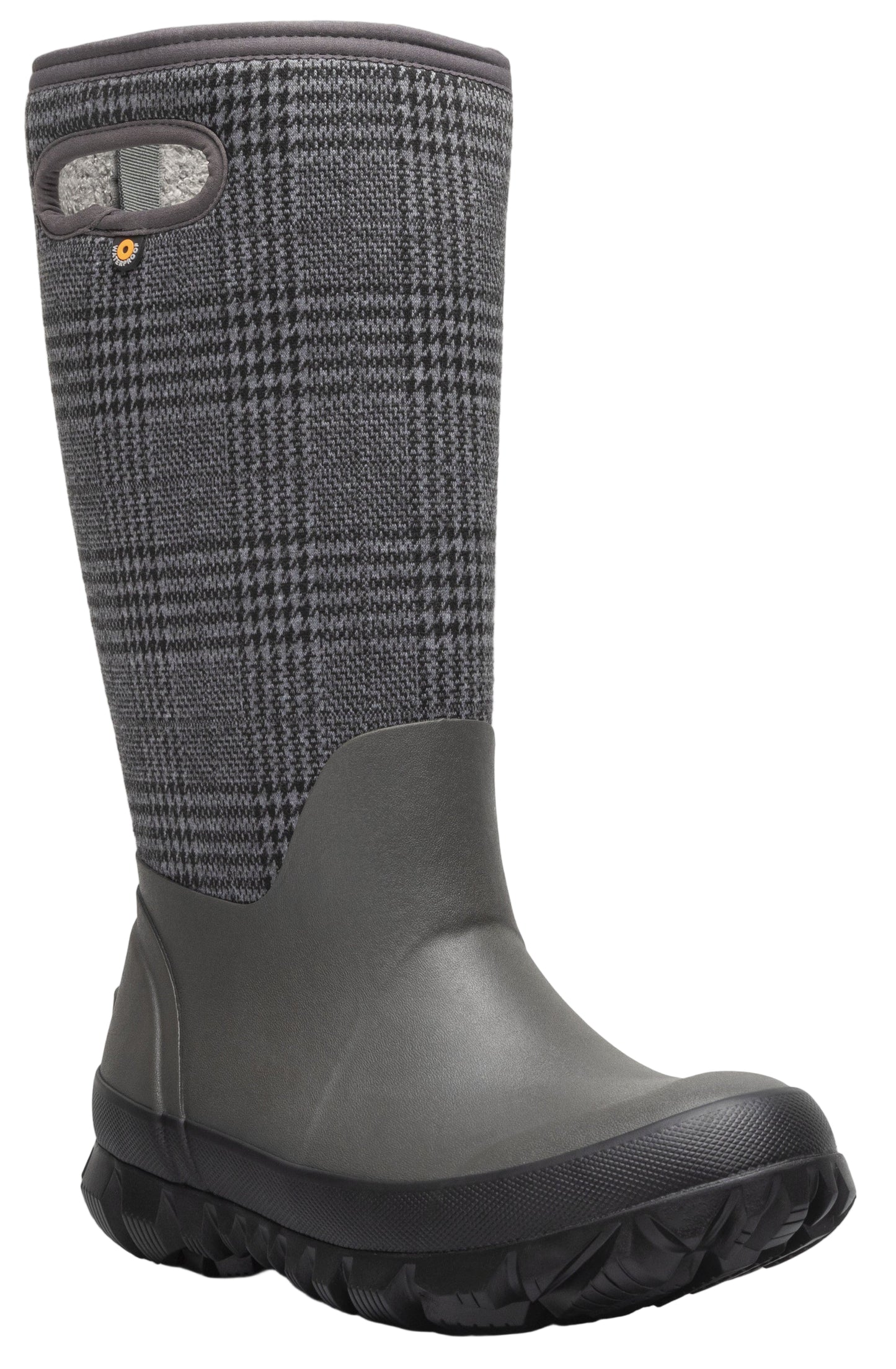 Gray rubber waterproof boot with plaid upper and loop handle.