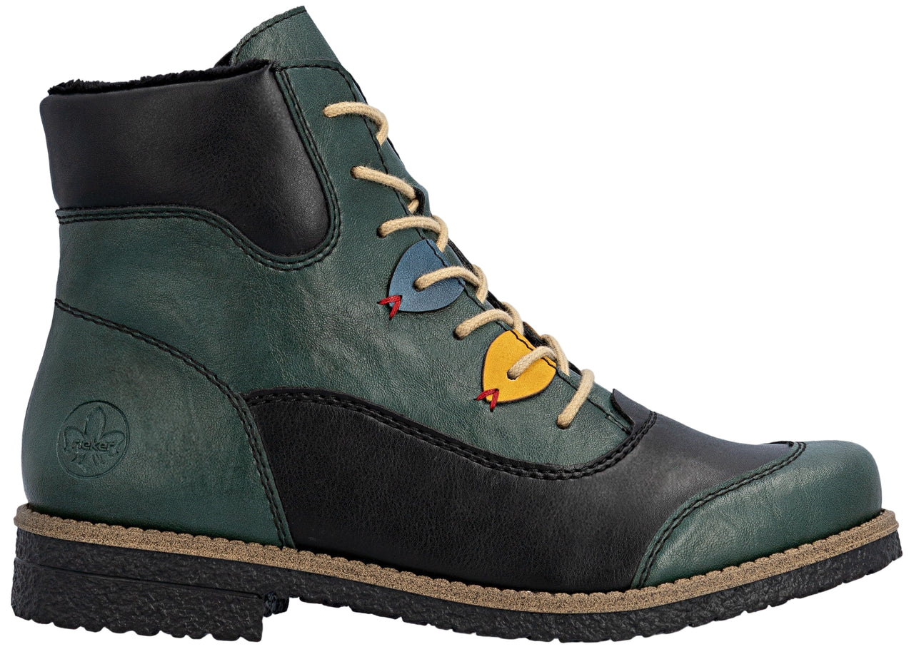 Ankle height boot with green, black and tan color scheme with laces.