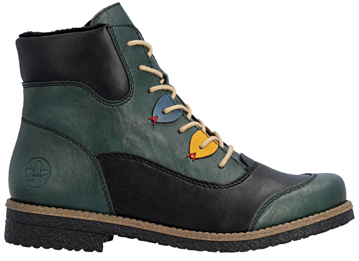 Ankle height boot with green, black and tan color scheme with laces.