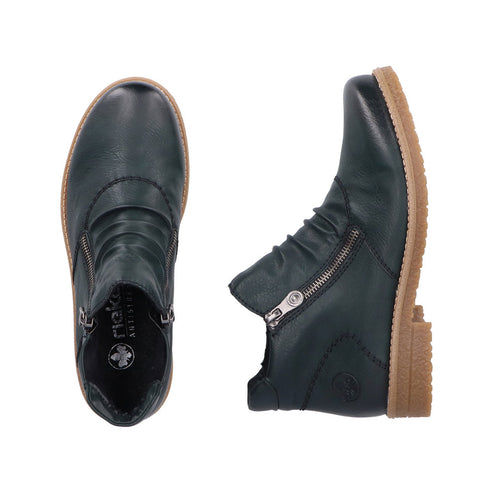 Dark green ankle boots, side zipper, low heel.