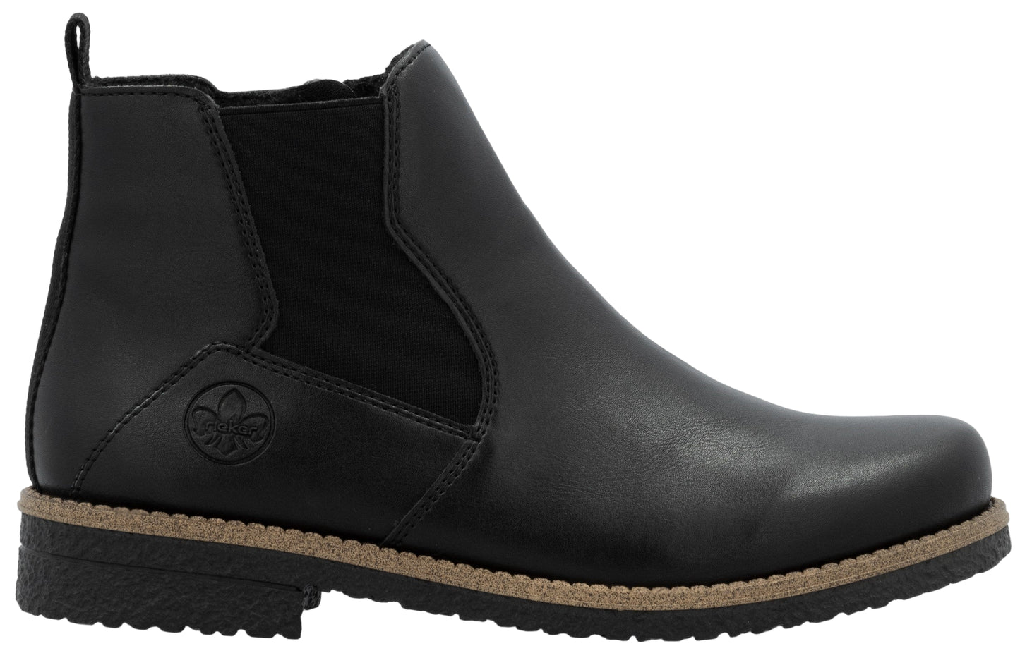 Black ankle boot with elastic side panel and low block heel.