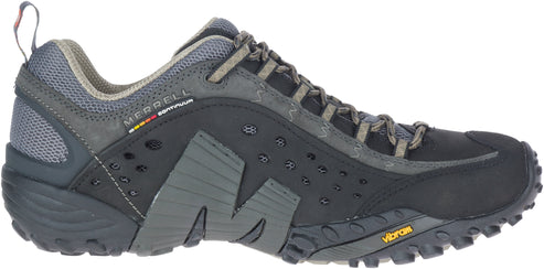 A low-cut black and gray hiking shoe.