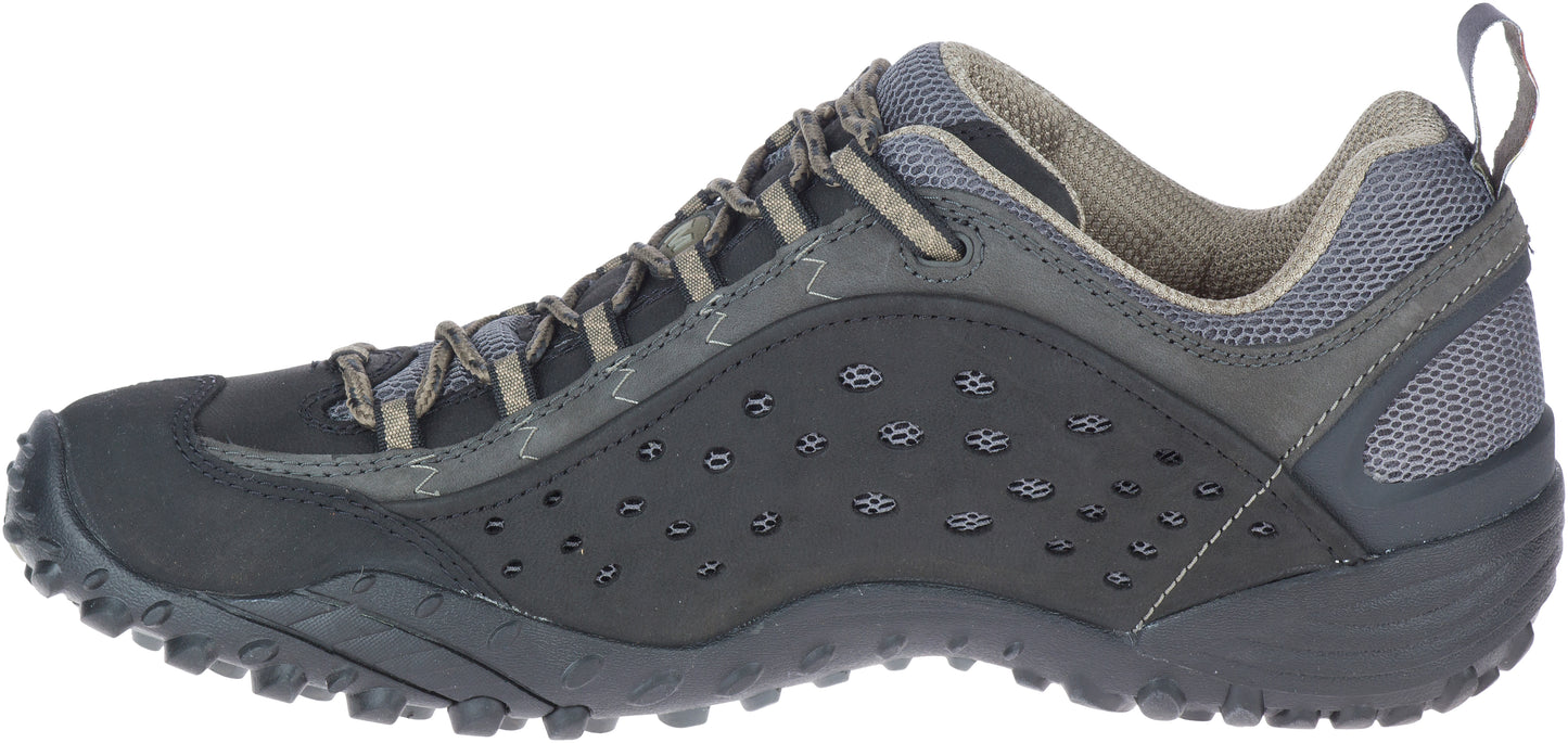 A low-cut athletic shoe in gray with a nubbed sole and a gray mesh heel.