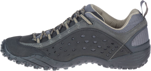 A low-cut athletic shoe in gray with a nubbed sole and a gray mesh heel.