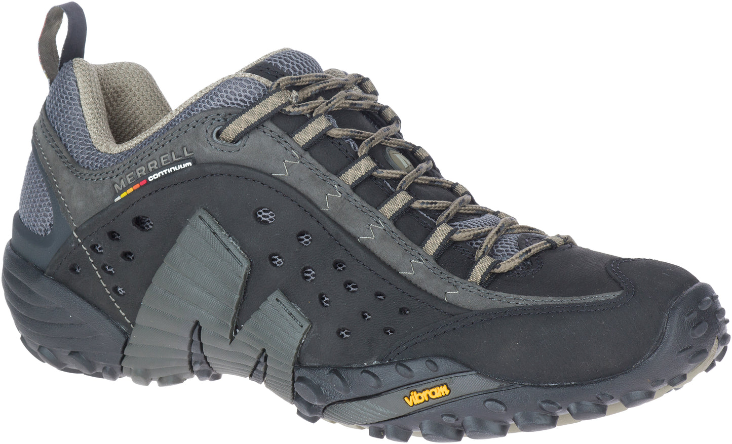 Low-cut shoe with grey laces, a black and gray upper, and a textured sole