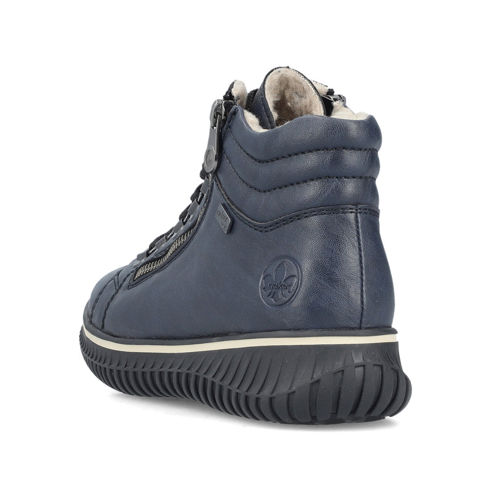 Navy high-top shoe with zipper and black sole.