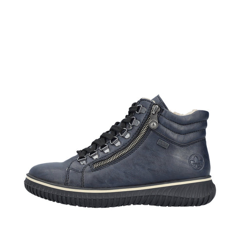 High top blue shoe with side zipper and black sole.