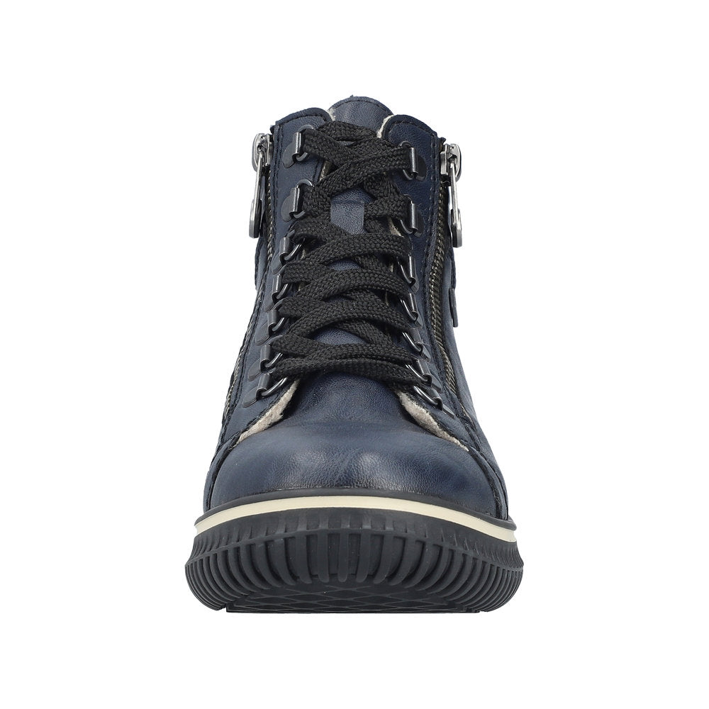 Navy blue ankle boot with black laces and zippers.