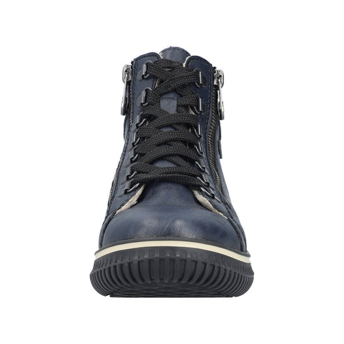 Navy blue ankle boot with black laces and zippers.