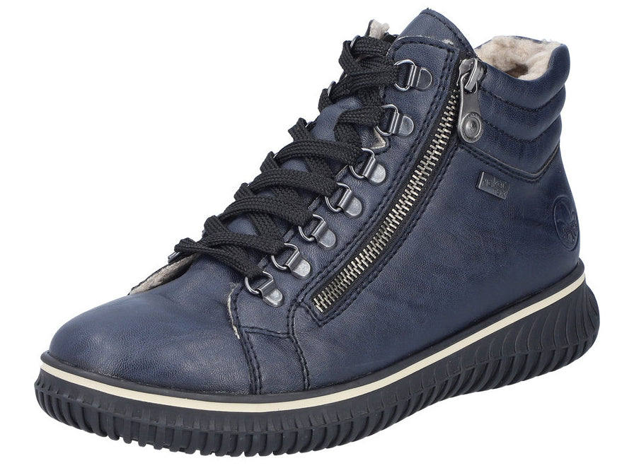 Navy blue ankle boot with a side zipper and black laces, atop a thick black sole.