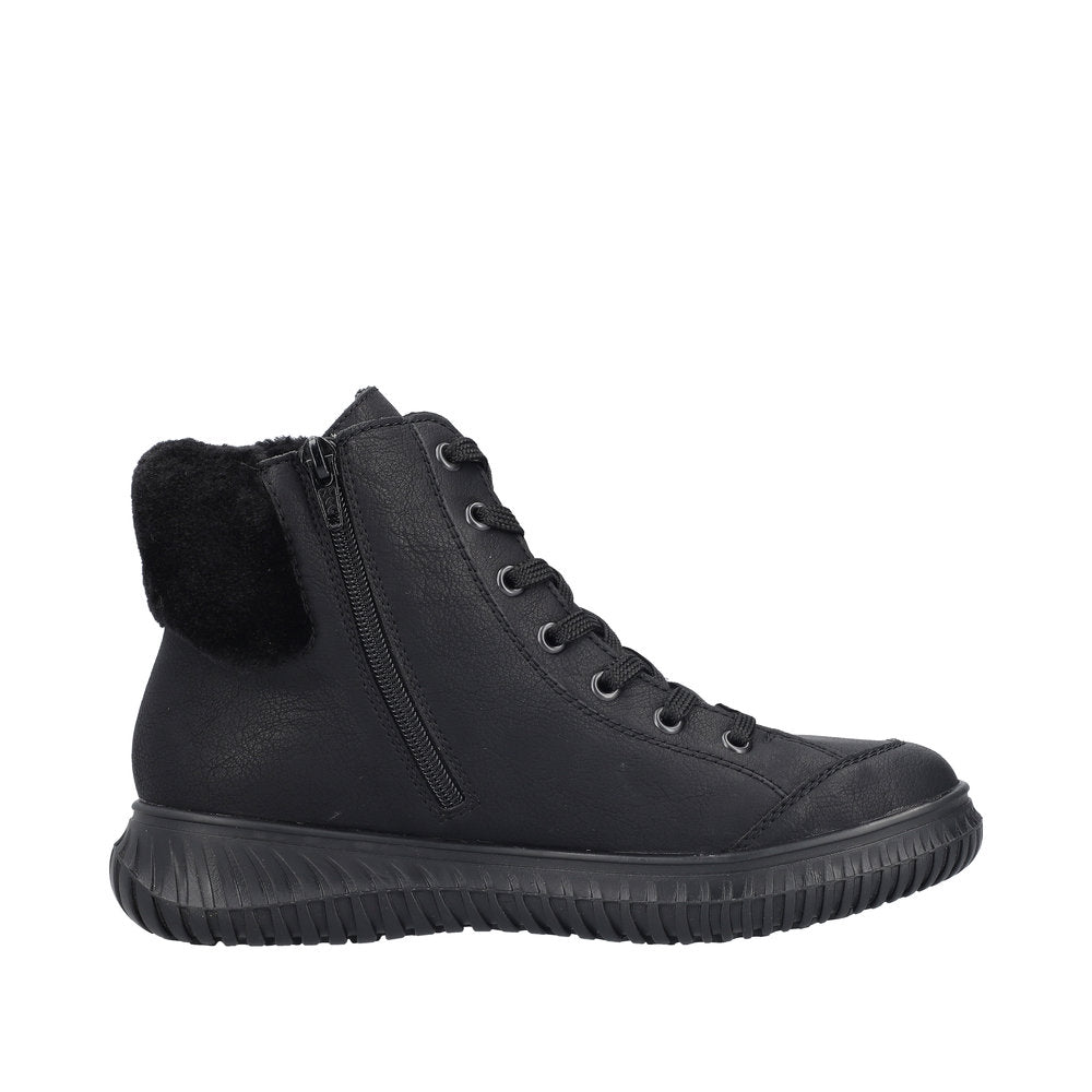 A black ankle-high sneaker boot with laces and a side zipper.