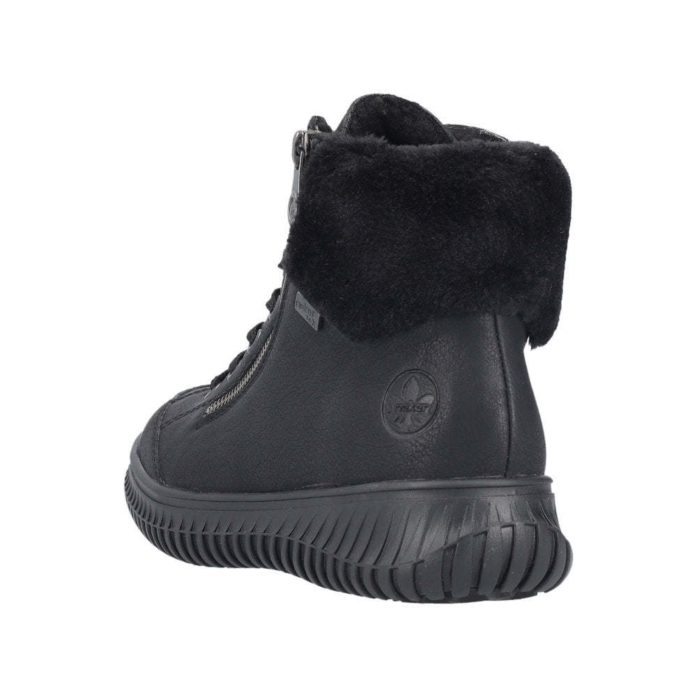 Black, high-top boot with fur trim, black soles, and lace closure.