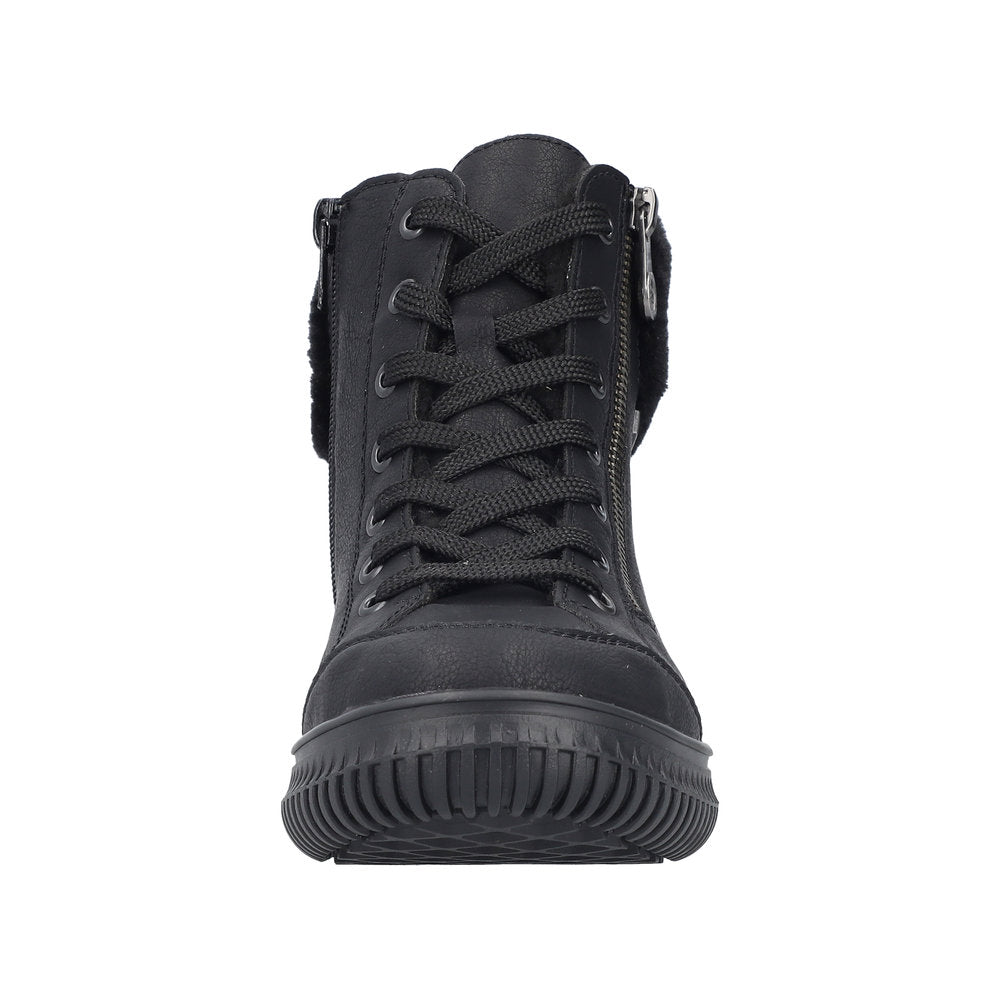 Front view of black high-top sneaker with laces and a side zipper.