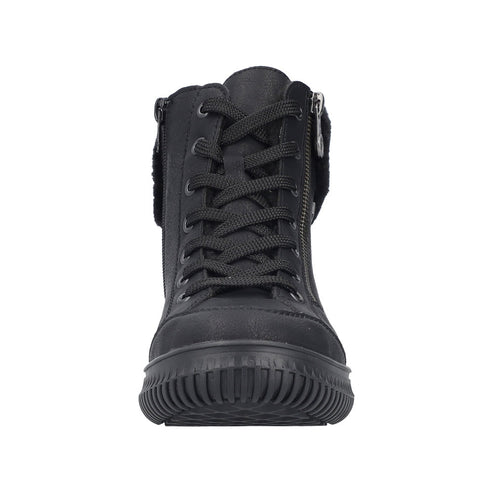 Front view of black high-top sneaker with laces and a side zipper.