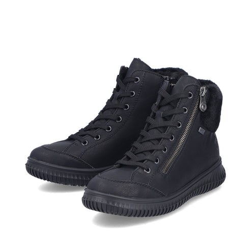 Two black high-top lace-up shoes with faux fur lining and zipper.