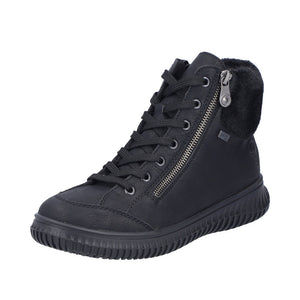 Black high-top shoe with laces, side zipper, and fur trim.