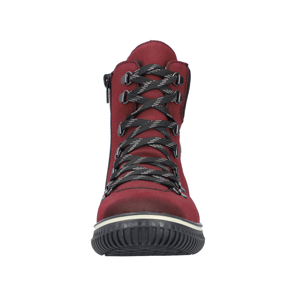Maroon boot with black laces and a black zipper on the side.