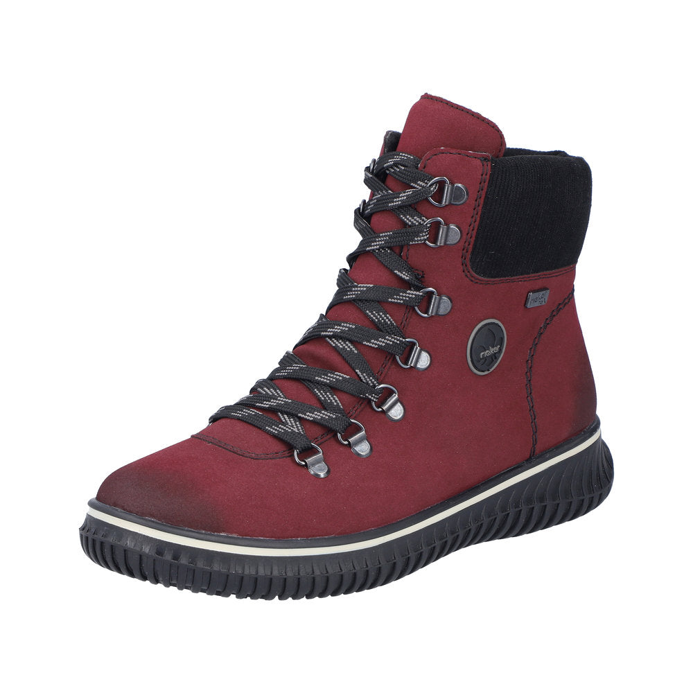 Maroon ankle-high boot with black accents, lace-up closure and lug sole.