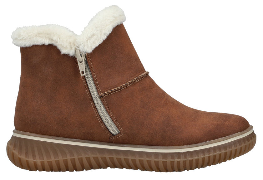 Brown faux-suede ankle boot with furry collar and side zipper on a thick, ridged sole.