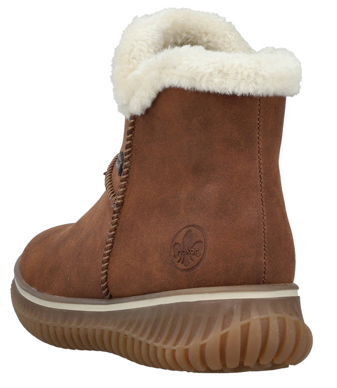 Ankle-high brown boot with a faux fur trim and a thick, ridged sole.