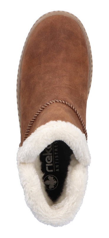 A brown slipper with white fur lining the inside.