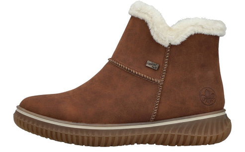 Brown ankle boot with white faux fur trim and ridged sole.