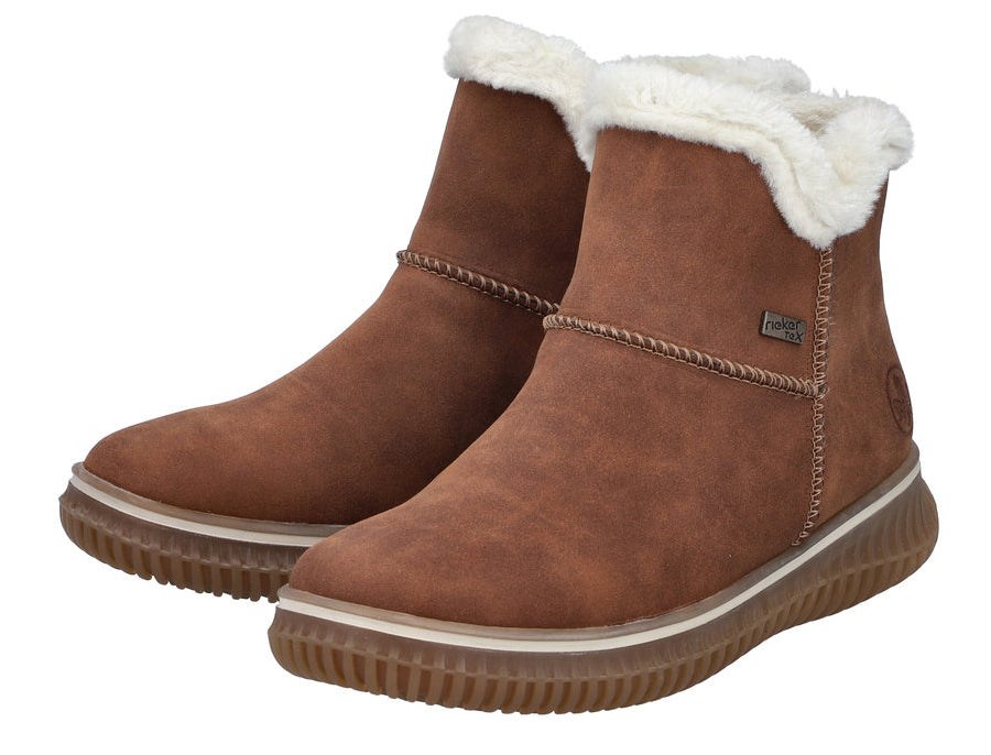 Pair of ankle-height brown boots with white faux fur trim around the top.