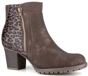 A brown ankle boot with a rounded toe, a medium-height stacked heel with a lug sole, and a decorative gold-tone side zipper, featuring a solid brown metallic front and a textured leopard print pattern on the heel panel.